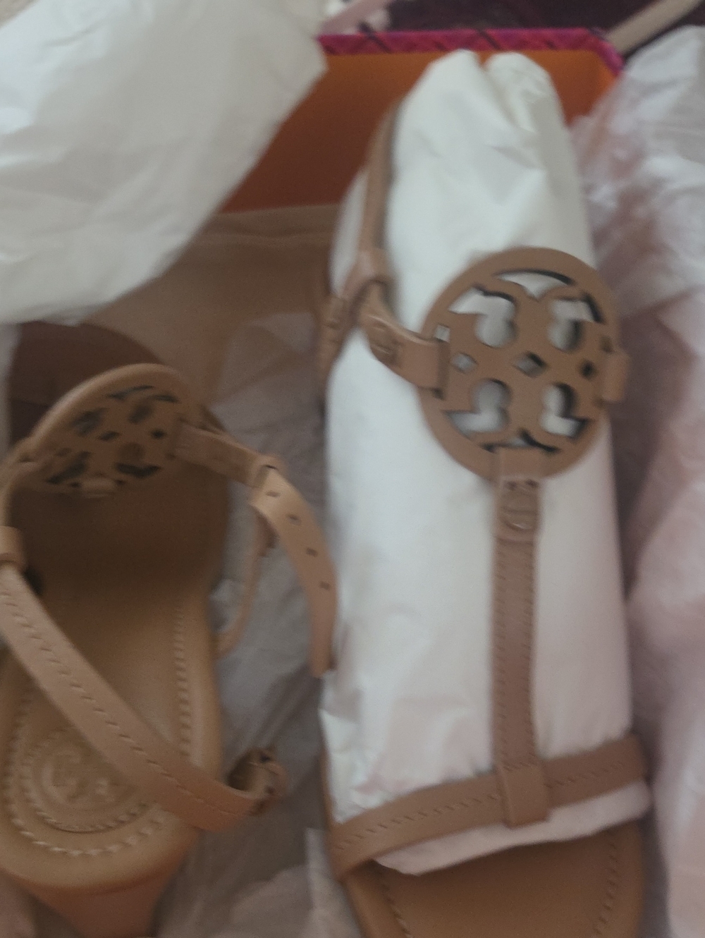 Women's Tan Leather T-Strap Sandals with Decorative Medallion